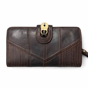 Juicy Couture Dark Brown Leather Zip-Around Wallet with Brass Clasp